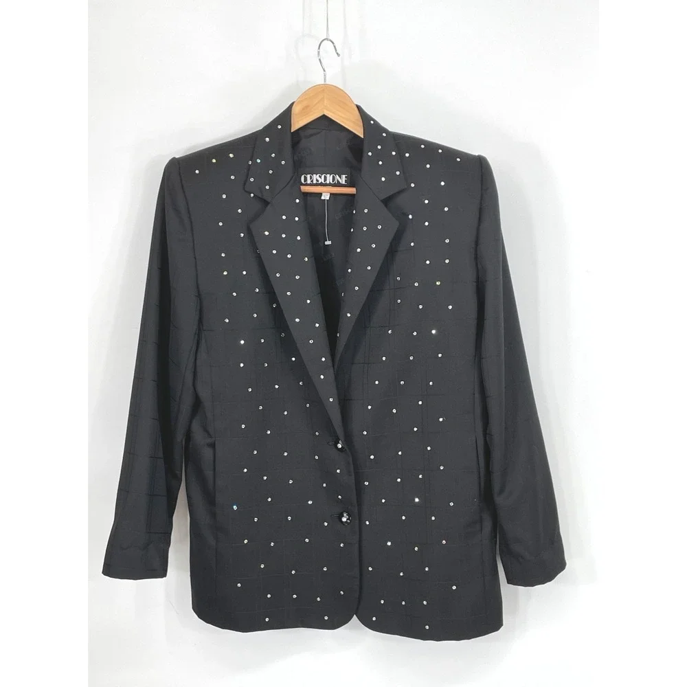 Criscione Women Blazer L Jacket Black Rhinestone Sparkle Grid Evening Dressy